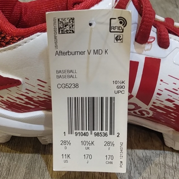 Adidas Youth Afterburner V Baseball Cleats Red/White - Picture 7 of 7